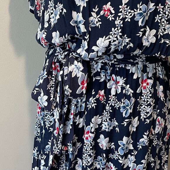 J. Jill Floral Maxi Dress Tiered V-Neck Short Flutter Sleeves Pockets Sz LP Blue - Picture 4 of 13